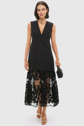 Black Arielle Lace V-Neck Midi Dress